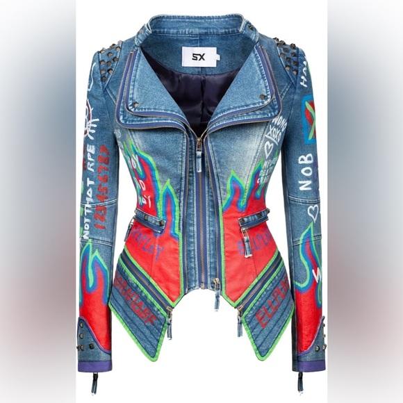 Fashion SX Women's Punk Embroidered short Denim Jacket Hand-painted - Picture 1 of 7